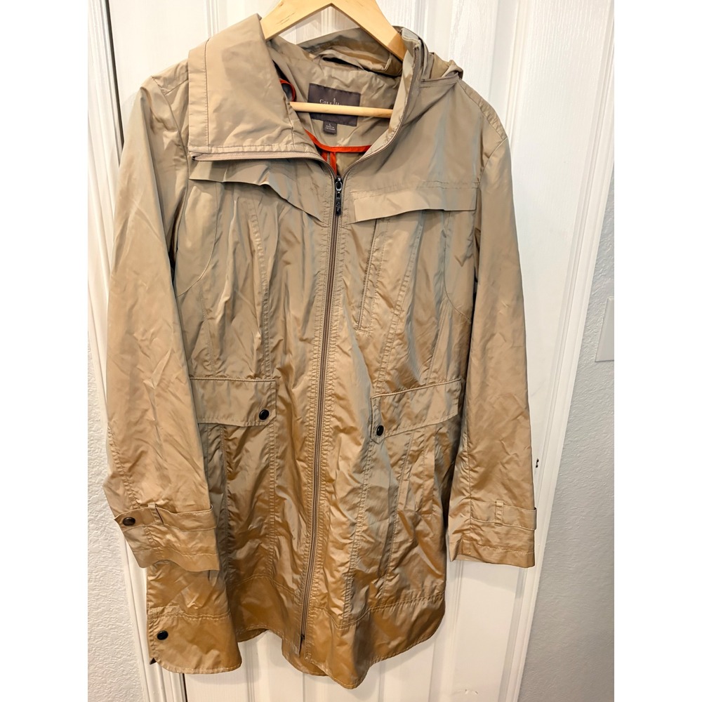Cole Haan Anorak Jacket Tan Hooded Drawstring Waist Lightweight Rain Coat